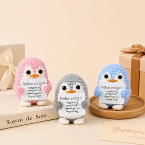 Handmade crochet penguin ornament with inspirational card, cute desktop and car decoration gift.