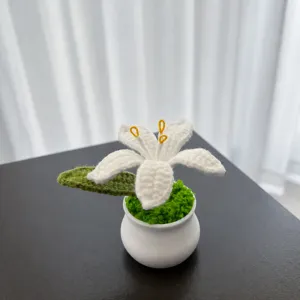 Handmade crochet lily potted plant artificial flower office desktop car decor detail view
