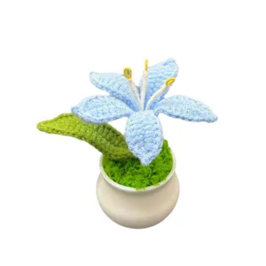 Handmade crochet blue lily potted plant, cute desktop ornament and mini car decor flower