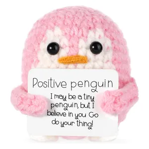 Handmade crochet positive penguin ornament with motivational card cute desktop decor gift.