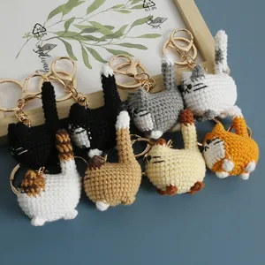 Handmade crochet cat keychain cute knitted kitten bag charm metal clasp plush keyring