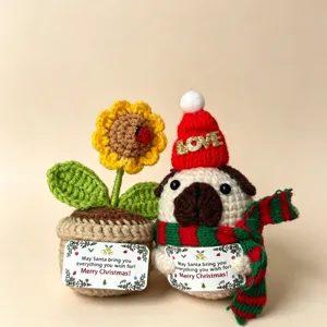 Handmade crochet pug doll with Christmas hat and cute sunflower potted ornament for gifts.