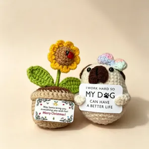 Handmade crochet sunflower and pug doll set, cute knitted wool home desktop ornament gifts.