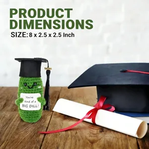 Graduation crochet pickle doll with cap and sign, cute handmade funny green vegetable toy gift.