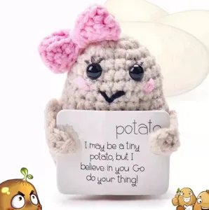 Handmade crochet positive potato doll with pink bow cute emotional support toy gift