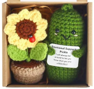 Crochet emotional support pickle and sunflower gift set detail view showing cute handmade plush toys.