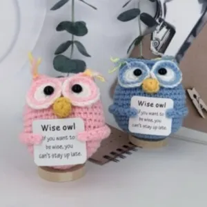 Handmade crochet owl doll detail view, cute knitted animal desktop ornament with wooden base.