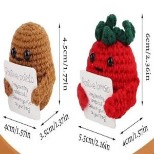 Handmade crochet positive potato and tomato doll detail view with cute encouraging card.