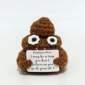 Handmade crochet funny poo doll detail view, cute novelty plush toy gift with positive message card.