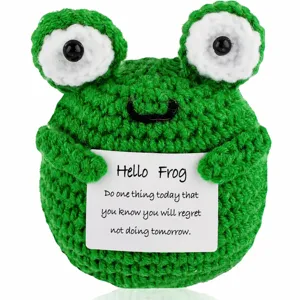 Handmade crochet green frog doll, cute knit animal plush toy for desk and car decor.