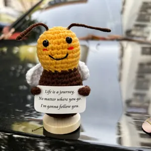 Handmade crochet bee doll desktop ornament cute knitted toy with wooden base and sign.