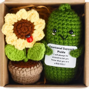 Handmade crochet emotional support pickle and sunflower potted gift box set cute desk decor.