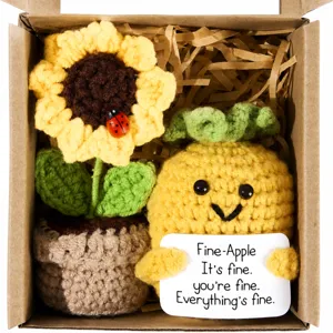 Handmade crochet sunflower and pineapple potted plush toy gift box for home decor.