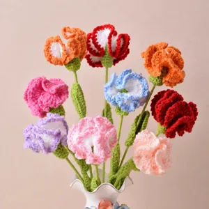 Handmade Crochet Carnation Artificial Flower Bouquet Simulation Floral Gift For Mother Day Home Decor