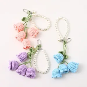 Handmade crochet lily of the valley pearl keychain cute floral bag charm pendant gift
