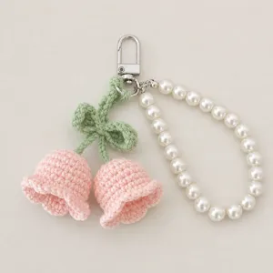 Handmade crochet lily of the valley keychain with pearl strap cute floral bag charm accessory gift