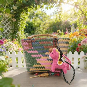 Handgemachte gestrickte geflochtene Handtasche mit süßem Pferdeanhänger und Bambusgriff