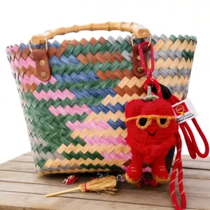 Bunte handgefertigte geflochtene Handtasche mit Bambusgriff und süßem Chili Anhänger.