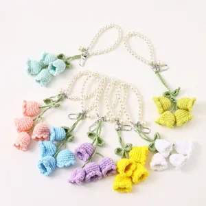 Handmade Knitted Yarn Lily Of The Valley Keychain Cute Pearl Chain Bag Pendant Cute Car Key Ring Jewelry Gift