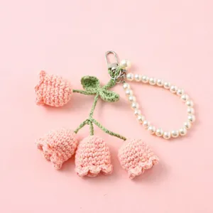 Handmade crochet flower pearl keychain cute bag charm aesthetic backpack accessory sweet