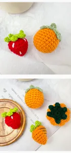 Handmade crochet fruit hair clips set, cute knitted strawberry orange carrot accessories.