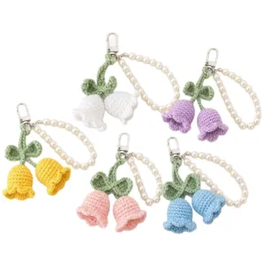 Handmade crochet lily of the valley keychain with pearl strap cute bag charm gift