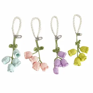 Handmade crochet lily of the valley keychain with pearl chain cute bag charm pendant aesthetic