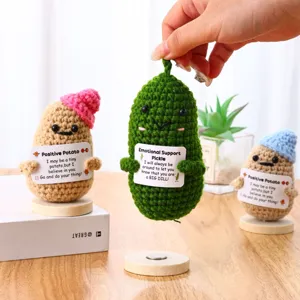 Handmade crochet positive potato and emotional support pickle doll with motivational card.