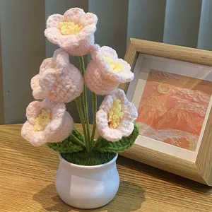 Handgehäkelte rosa Blumen Topfpflanze Heimdekoration Gemütlicher Schreibtisch Display Geschenk