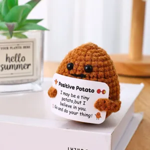 Handmade crochet positive potato doll with encouraging card, perfect desk decor gift.