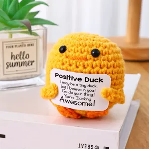 Handmade crochet positive duck plush toy with encouraging card, cute car and desk decor.