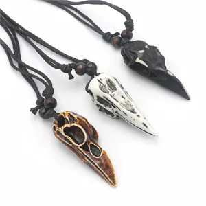 Gothic Punk Resin Bird Skull Pendant Necklace Retro Crow Bone Style Adjustable Chain Jewelry For Unisex Party