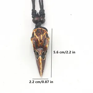 Vintage resin bird skull necklace with black braided cord punk raven pendant gothic style jewelry