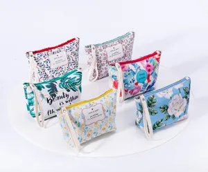 Colorful printed PU leather cosmetic pouches with wrist strap, travel makeup bags set for women.
