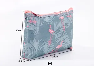 Detail view of M size flamingo cosmetic bag, waterproof travel toiletry pouch 26x17x6.5cm.