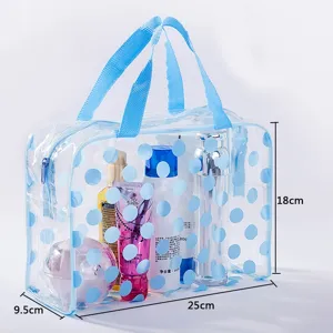 Borsa da toeletta trasparente in PVC a pois blu, custodia impermeabile da viaggio con manico.
