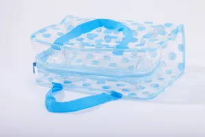 Vista dettagliata della borsa da toeletta impermeabile in PVC trasparente a pois blu.