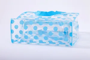 Dettaglio di borsa cosmetica trasparente con pois blu e materiale PVC impermeabile.