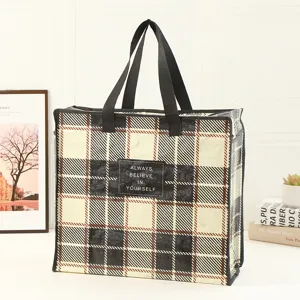 Bolso de compras tejido con patrón de cuadros clásico, asas duraderas, ideal para el almacenamiento.