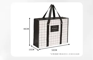 Large grid storage bag waterproof non-woven tote bag with zipper and handles detail view.