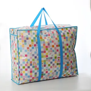 Large waterproof moving storage bag for clothes, durable multi-color checkered organizer.