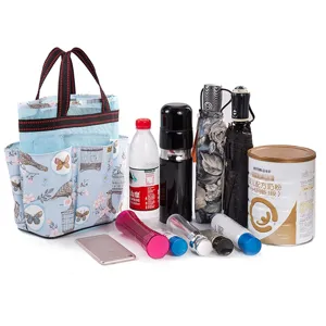 Blue mesh cosmetic bag detail showing large capacity with various daily items arranged.