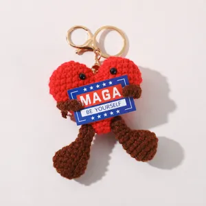 Cute crochet heart keychain with knit arms and legs, funny bag pendant accessory decoration.