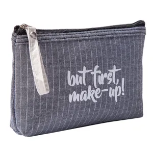 Portable striped denim makeup pouch with letter print for women travel use main view