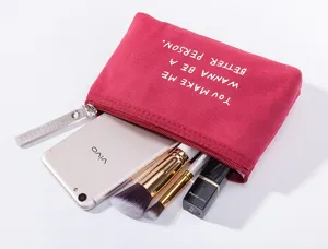 Red canvas cosmetic pouch zipper makeup bag with inspirational text print detail