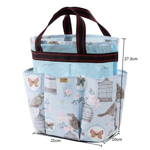 Blue mesh shower caddy detail showing multi-pocket design and dimension measurements.