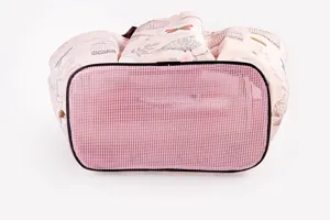 Waterproof portable toiletry bag, pink bird print cosmetic storage pouch for travel.