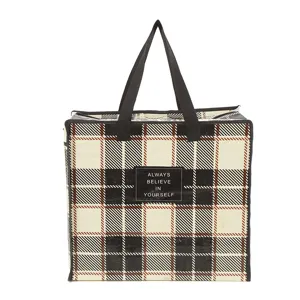 Bolso de compras tejido grande a cuadros negro y blanco bolsa de almacenamiento espaciosa
