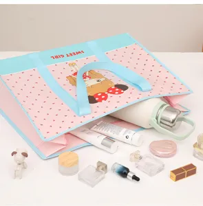 Large laminated non-woven storage tote bag with cute cartoon print and durable double handles.