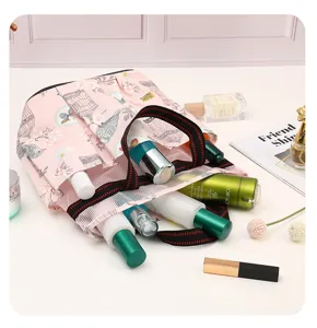 Large capacity portable makeup storage bag, pink floral mesh travel cosmetic organizer pouch.